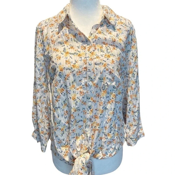 Lost + Wander yellow floral tie-bottom flowy top. Size S. - Picture 1 of 5
